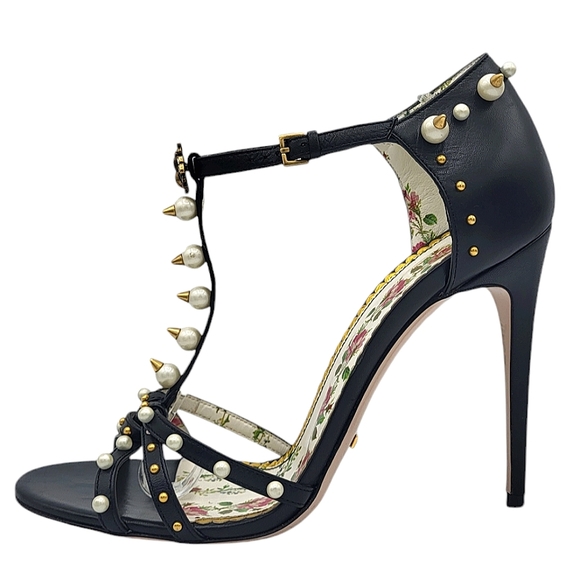 Gucci Regina Pearl Studded Strappy Sandals Black 40 - Picture 2 of 16